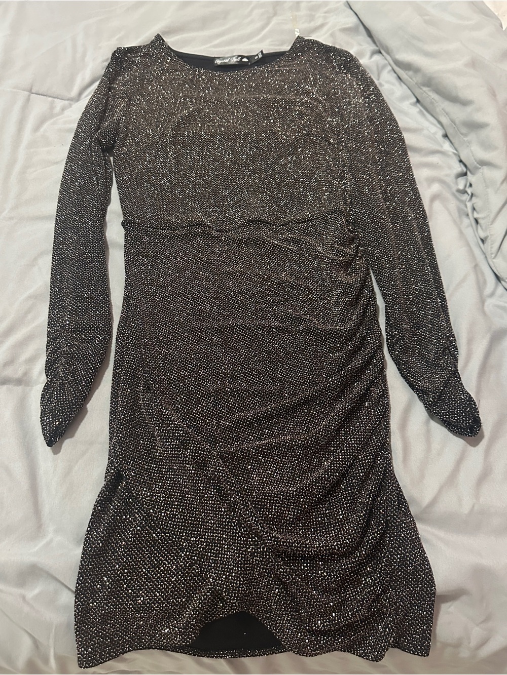 Crystal Doll Black Metallic Long Sleeve Party Dress
